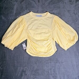 Beyond the Radar Ruched Top Womens S Yellow Puff Sleeve Cottagecore Western Boho